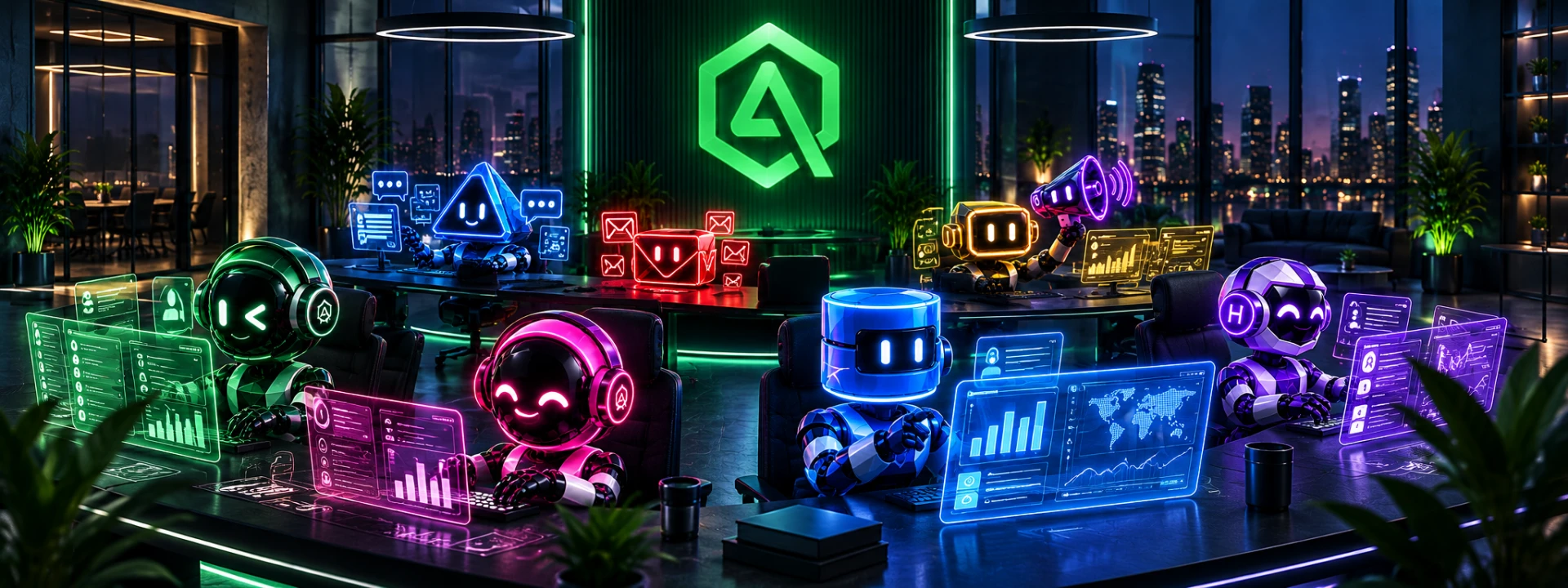 The AgentsQ agents at work in a glowing command center, each at their own station