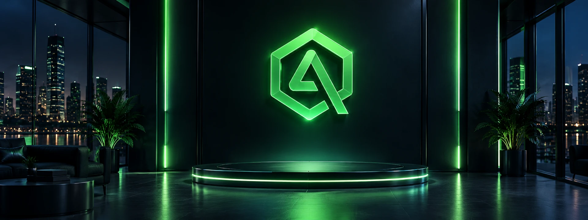 AgentsQ logo glowing above an empty stage in a dark office