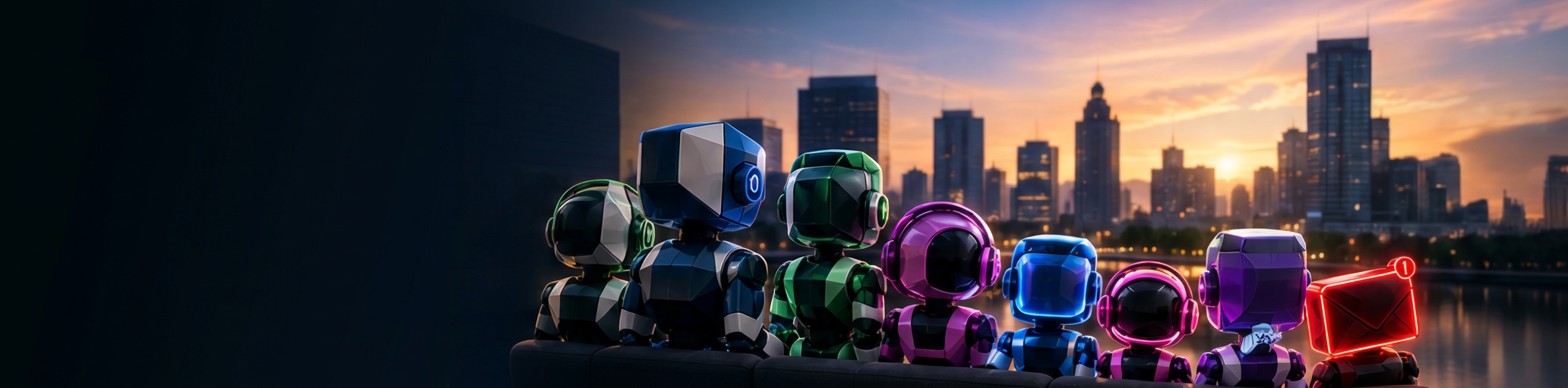 The AgentsQ AI team sitting together, watching over the city at sunset