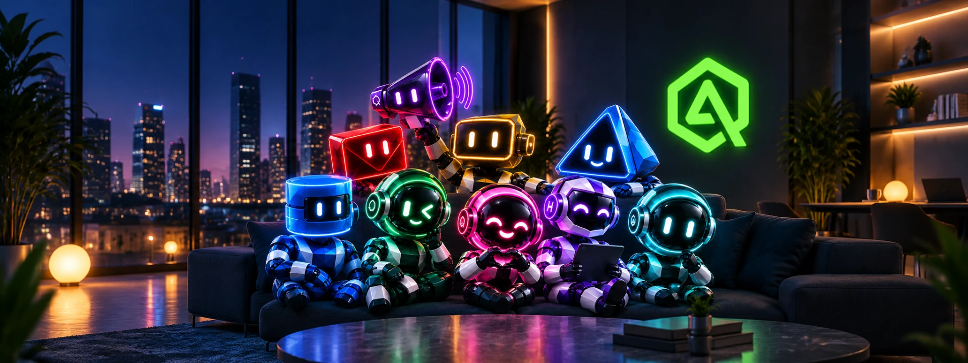 The AgentsQ AI team gathered on a couch in front of the glowing AgentsQ logo